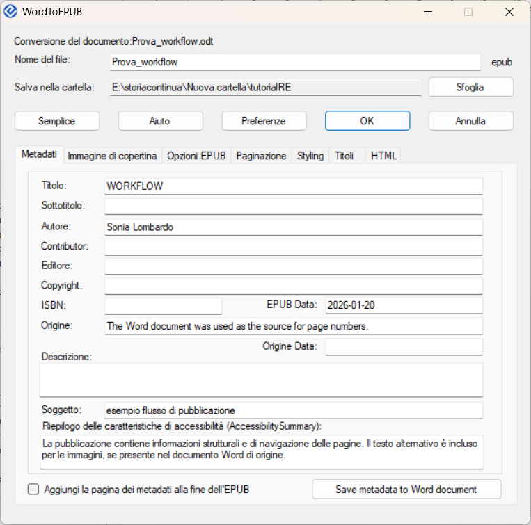 Schermata di esempio del plug-in WordToEpub per LibreOffice Writer